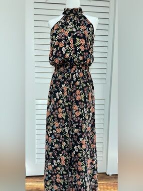 Vince Camuto Floral Halter Jumpsuit- Black with Pink/Green/Blue floral/size 2